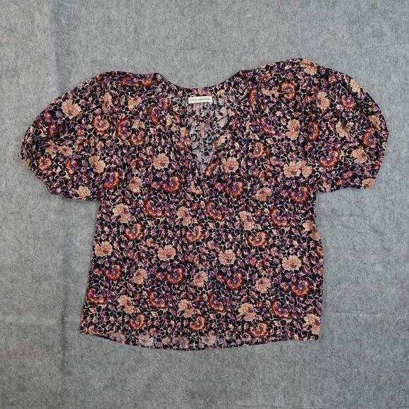 Ulla Johnson Top Womens 2 Evie Blouse Midnight Floral Puff Sleeve V-Neck - Picture 4 of 12